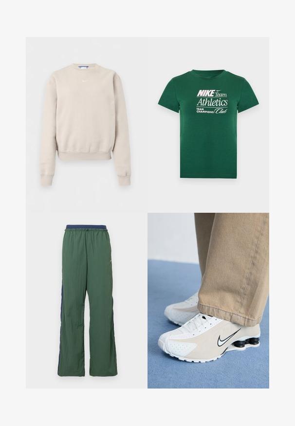 Sudadera beige de manga larga con cuello redondo, puños y bajo acanalados, con un pequeño logo blanco de Nike en el pecho.; Camiseta verde de manga corta con texto blanco "Nike Team Athletics Team Champions Club" y pequeño logo Nike swoosh en el pecho.; Pantalones deportivos verdes con diseño de pierna ancha, con una cintura y un panel lateral en azul marino, hechos de tela ligera y texturizada.; Zapatillas Nike blancas y beige con diseño perforado, logo de swoosh negro, parte superior texturizada y distintivo talón negro elástico.