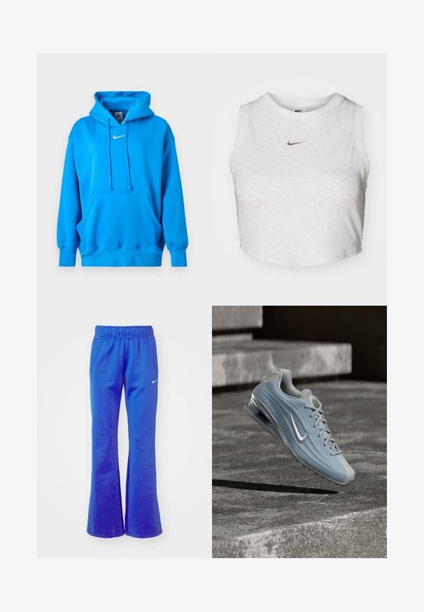 Sudadera Nike azul brillante con bolsillo tipo canguro delantero, capucha con cordón, puños de canalé y logo blanco de Nike Swoosh en el pecho.; Top corto blanco hecho de una tela suave y texturizada. Presenta un cuello redondo y un diseño sin mangas, con un pequeño logotipo dorado de Nike en la parte delantera.; Pantalones deportivos acampanados en azul brillante, con cintura elástica, dos bolsillos laterales y un pequeño logotipo blanco en la parte delantera.; Zapatilla deportiva Nike en azul claro y gris con amortiguación visible de suela de aire, flotando sobre una superficie de hormigón con escalones de fondo.