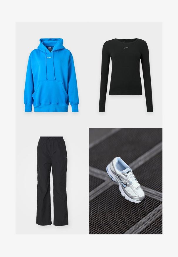 Felblauwe Nike hoodie met voorkangoeroezak, capuchon met trekkoord, geribde manchetten en een witte Nike Swoosh-logo op de borst.; Zwart nauwsluitend top met lange mouwen van geribbelde stof, met een ronde halslijn en een subtiel wit Nike-logo op de borst.; Zwarte, lichtgewicht broek met een elastische tailleband en verstelbare trekkoord. Heeft een gestructureerde afwerking en een klein reflecterend logo aan de zijkant.; Witte mesh sport schoen met zilveren accenten, lichtblauwe stiksels en een zwart swoosh-logo. Heeft een gevoerde kraag en een gestructureerde zool.