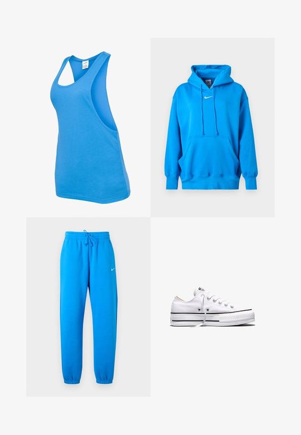 Svetlomodrá Nike mikina s kapucňou, predným klokaniec vreckom, sťahovacou šnúrkou, rebrovanými manžetami a bielym logom Nike Swoosh na hrudi.; Modré tielko vyrobené z hladkej, ľahkej tkaniny. Má dizajn s prestrihom na chrbte a široké ramenné otvory, vhodné na každodenné nosenie alebo športové aktivity.; Jasne modré Nike tepláky s elastickým pásom, nastaviteľnou šnúrkou, elastickými manžetami a malým bielym logom Nike na pravom stehne.; Biela nízka textilná teniska s bielymi šnúrkami, čiernymi pruhmi na podrážke a gumovou textúrovanou špičkou, bočný pohľad na bielom pozadí.