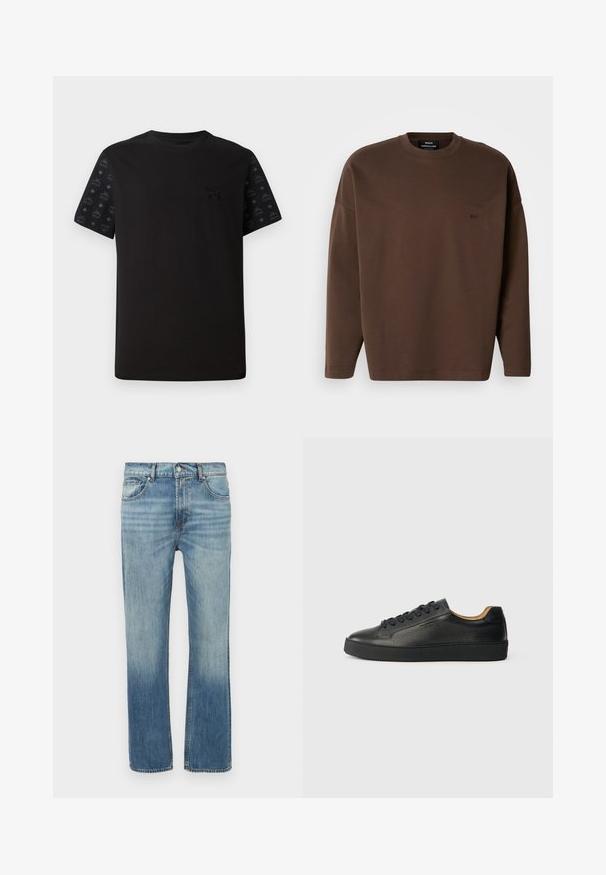Brun sweatshirt med lange ærmer, ribbet halsudskæring og et diskret broderet logo på brystet. Lavet af blødt, tekstureret stof.; Sort t-shirt med korte ærmer, der har en ensfarvet front og mønstrede sorte detaljer på ærmerne. Materialet ser blødt og glat ud.; Lyseblå denimjeans med straight fit, falmede detaljer, fem lommer og frontknaplukning. Synlige syninger langs sømmene.; Sorte lavtop lædersneakers med tekstureret overflade, sorte snørebånd og tyk gummisål, vist fra siden på en lys baggrund.