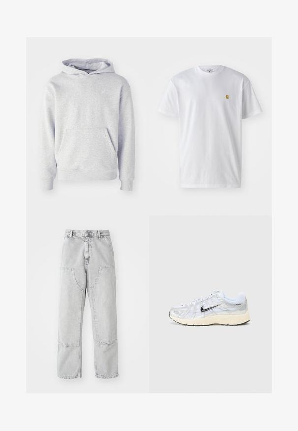 Grå hættetrøje lavet af blødt stof. Har en kængurulomme, ribbede manchetter og et diskret logo på brystet. Simpelt design.; Hvid bomulds t-shirt med korte ærmer, rund hals og et lille guld logo på venstre brystområde. Blød tekstur og almindelig pasform.; Lys grå denim bukser med en løs pasform, der har store sidelommer, synlige sømme og et lige ben design. Bæltestropper i taljen.; Hvide mesh sneakers med sølvdetaljer, sort Nike swoosh, polstret krave og tekstureret sål. Har et lagdelt design for stabilitet.