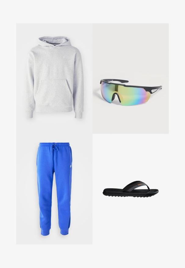 Sudadera con capucha gris hecha de una tela suave. Cuenta con un bolsillo canguro, puños acanalados y un logo sutil en el pecho. Diseño simple.; Pantalones deportivos azules con cintura ajustable y puños acanalados. Hechos de un tejido suave que presenta un pequeño logo en la pierna izquierda.; Chancla de goma negra con suela texturizada, tira de tela y costuras naranjas, diseñada para uso informal al aire libre.; Gafas de sol deportivas con montura negra, lente único grande con tinte arcoíris y patillas ventiladas apoyadas sobre una superficie clara.