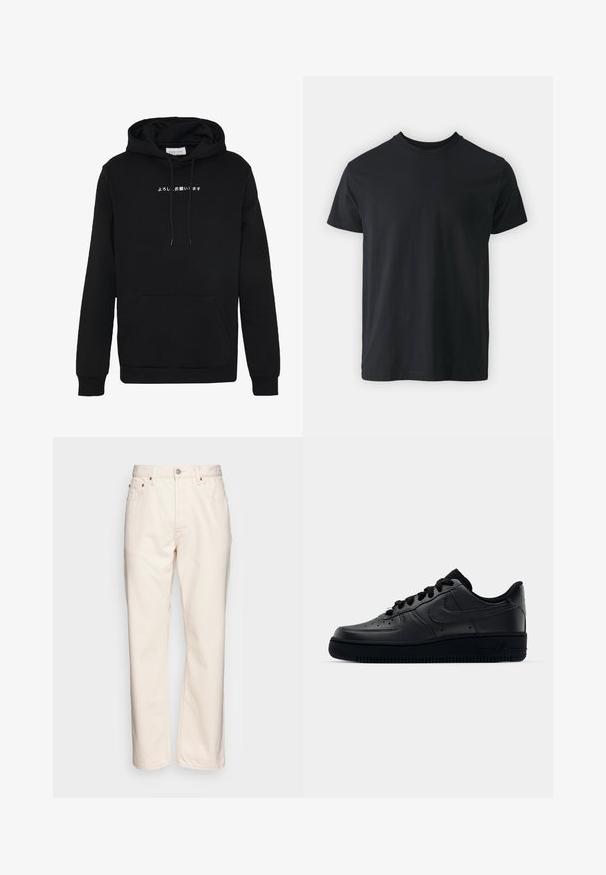 Sweat à capuche noir en matériau doux, avec une poche kangourou, une capuche à cordon de serrage et un texte japonais blanc sur le devant. Design simple.; T-shirt noir en coton à manches courtes avec un col rond et une coupe décontractée. Texture lisse et ourlet droit, sans graphismes ni motifs visibles.; Jean en denim couleur crème avec une coupe droite. Dispose de cinq poches, d'une fermeture à bouton à l'avant et de détails de couture contrastés.; Baskets Nike Air Force 1 noires avec un dessus en cuir lisse, bout perforé pour la respirabilité, lacets noirs et semelle en caoutchouc texturé.