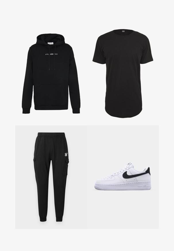 Sudadera con capucha negra hecha de material suave, con un bolsillo tipo canguro, capucha con cordón y texto blanco en japonés en el frente. Diseño sencillo.; Camiseta negra de manga corta hecha de algodón. Presenta un cuello redondo y un corte recto con un dobladillo trasero ligeramente más largo. Textura suave.; Pantalones cargo negros fabricados en un tejido suave, con una cinturilla elástica, bolsillos laterales y un logo discreto en el muslo. Diseño de corte recto.; Zapatilla blanca de cuero con un Swoosh negro texturizado, cordones planos y una suela de goma con un patrón estriado. "AIR" está grabado en el talón.