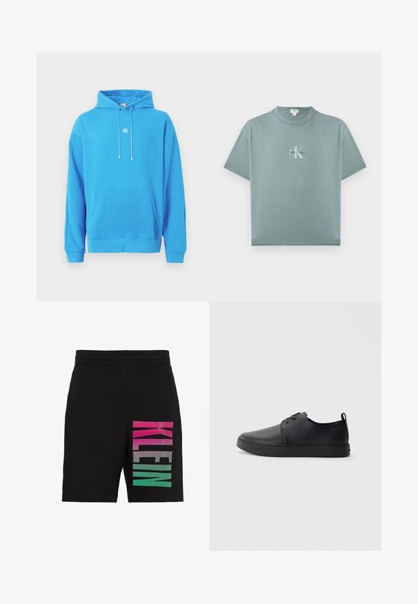 Sweat à capuche bleu vif avec poche kangourou avant, capuche réglable avec cordon de serrage, manches longues et petit logo blanc "CK" au centre de la poitrine.; T-shirt à manches courtes bleu sarcelle clair avec col rond, logo Calvin Klein centré en texte blanc et noir sur le devant.; Short noir avec taille élastique et grand texte vertical "KLEIN" sur une jambe en dégradé rose, gris et vert.; Baskets en cuir noir avec une finition lisse, bout arrondi, coutures ton sur ton, devant à lacets et semelle plate en caoutchouc. Anse au talon.