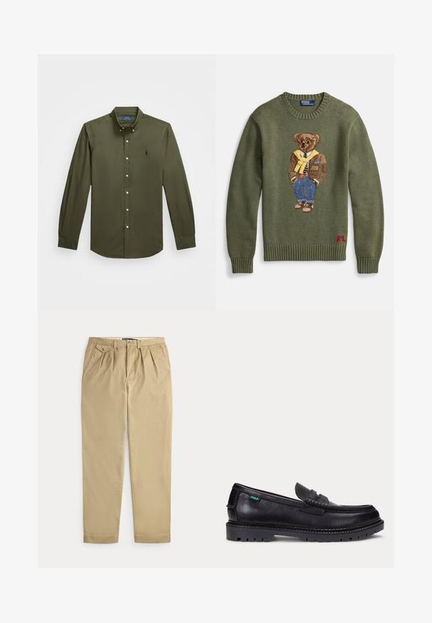 Grøn strikket sweater med et broderet motiv af en bjørn iført brun jakke, gul tørklæde, stribet skjorte og blå jeans. Rødt "RL"-logo ved kanten.; Langærmet skjorte med knapper i olivengrønt bomuld. Har et lille broderet logo på brystet, almindelig krave og knapdetaljer.; Beige plisserede bukser med sidelommer, en lille knaplukket møntlomme på højre side, bæltestropper og frontknap og lynlås lukning.; Sort læderloafer med tyk, mønstret sål og lille grøn "Polo"-mærke på ydersiden nær hælen.