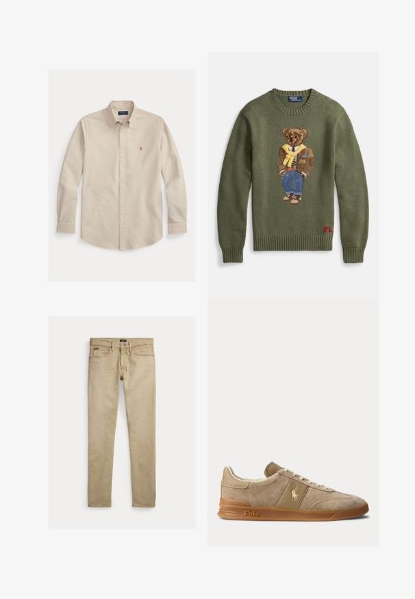 Suéter verde de punto con un oso bordado que lleva una chaqueta marrón, bufanda amarilla, camisa a rayas y jeans azules. Logo rojo "RL" en el dobladillo.; Camisa beige de manga larga con botones y cuello, con el logo bordado de Polo Ralph Lauren en el pecho y puños con botones.; Pantalones beige ajustados con bolsillos delanteros, trabillas para cinturón y cierre de botón, colocados planos sobre fondo blanco.; Zapatilla beige de ante y cuero con suela de goma, cordones blancos y logo Polo en el lateral y la suela.
