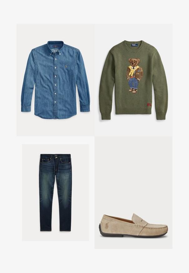 Groen gebreide trui met een geborduurde beer in een bruine jas, gele sjaal, gestreept shirt en blauwe spijkerbroek. Rode "RL"-logo bij de zoom.; Blauw denim overhemd met lange mouwen, kraag en klein geborduurd logo op de linkerborst naast de knopen.; Donkerblauwe slim-fit jeans met vervaagde details, vijfzakkenontwerp en knoopsluiting, plat gelegd op een witte achtergrond.; Beige suède instappers met een gestikt detail, platte rubberen zool en een klein logo aan de zijkant. Klassiek instapontwerp, zachte textuur.