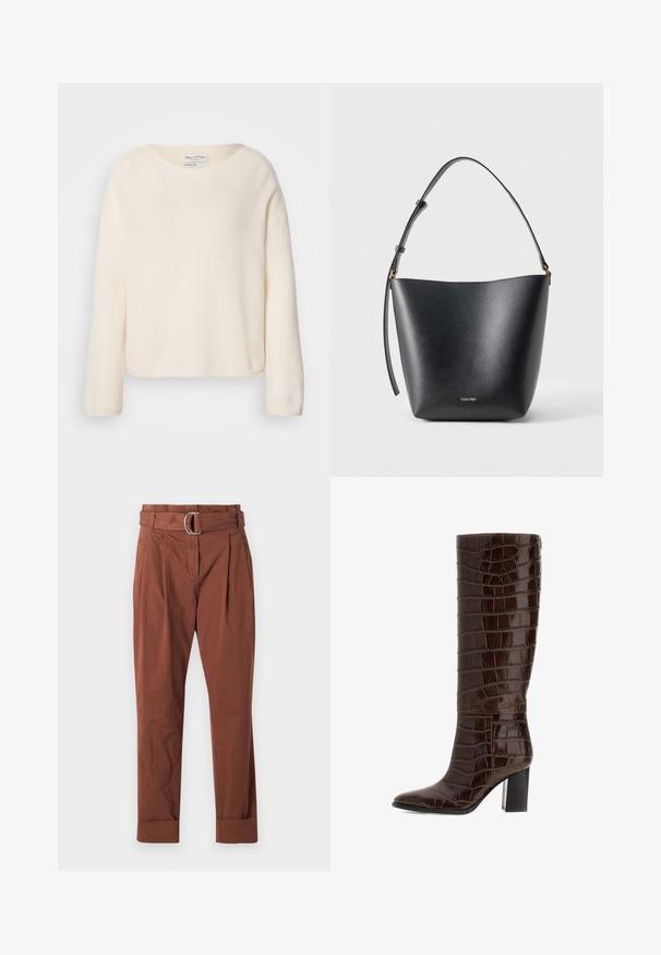 Pull de couleur crème avec un col rond, des épaules tombantes et des manches longues. Tissu doux et texturé avec une coupe légèrement raccourcie.; Pantalones en coton marron avec une ceinture, dotés d'une boucle en métal, d'un devant plissé et de poignets retroussés. Texture lisse et coupe droite.; Botte en cuir marron gaufré croco, arrivant à mi-mollet, avec un bout pointu et un talon épais, présentant une finition lisse et élégante ainsi qu'un motif texturé.; Sac seau en cuir noir avec bandoulière réglable et petit logo Calvin Klein doré sur le devant.