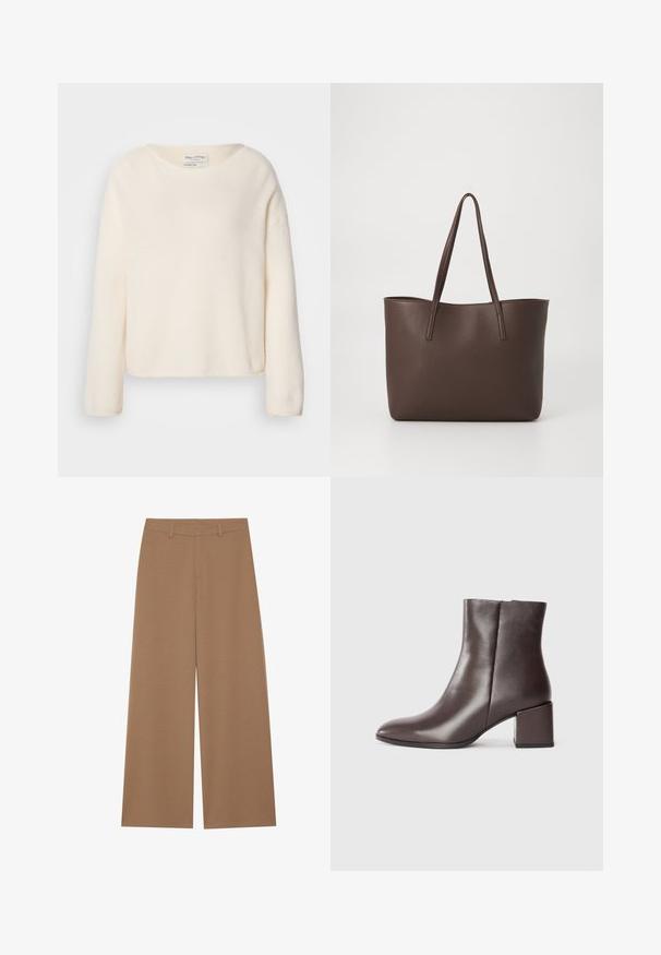 Kremfarvet sweater med rund halsudskæring, sænkede skuldre og lange ærmer. Blødt, tekstureret stof med en let cropped pasform.; Vide benbukser i en ensfarvet brun farve, lavet af et tekstureret stof; har høj talje og struktureret design med bæltestropper.; Brun læder ankelstøvle med et slankt design, spidse tå og firkantet blokhæl. Glat tekstur og minimalistisk silhuet.; Brun læder tote taske med en tekstureret overflade, to skulderremme og et rummeligt åbent design uden udvendige lommer.