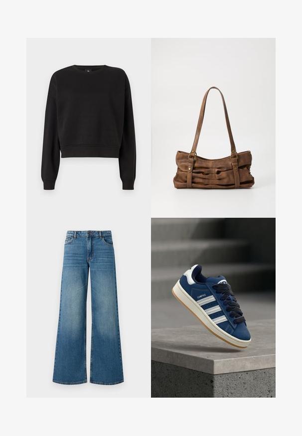 Sort cropped sweatshirt med lange ærmer, rund halsudskæring og ribbede manchetter. Lavet af blødt stof med en glat tekstur. Ingen mønstre eller hardware.; Bredde ben blå denimjeans med en falmet finish, fem-lomme design og standard talje med metalknap og lynlåslukning.; Blå sneaker med hvide striber og sorte snørrebånd, mærket "CAMPUS," svæver over en grå betonforkant med slørede trapper i baggrunden.; Even&Odd Håndtasker - brown