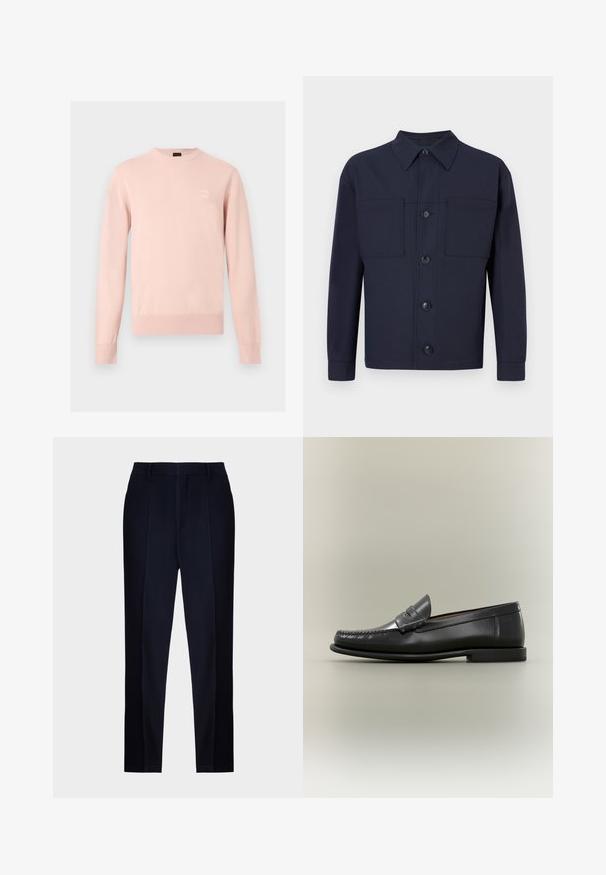 Lichtroze lange mouwen crewneck trui met geribde manchetten en zoom, met een klein, subtiel logoplaatje op de linkerborst.; Marineblauwe button-up jas van stof met een gladde textuur. Beschikt over twee borstzakken en een puntige kraag, met vier knopen aan de voorkant.; Marineblauwe op maat gemaakte broek met een gladde textuur, voorzien van een platte voorkant, riemlussen en een slank, taps toelopend ontwerp.; Zwarte leren herenslipper met moc-toe ontwerp, pennestrook en lage hak op een neutrale achtergrond.