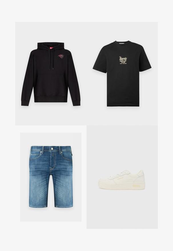 Sweat à capuche noir avec poche avant, capuche à cordon de serrage, et petit motif d'une rose rose avec une lettre "D" grise sur le côté gauche de la poitrine.; T-shirt noir à manches courtes avec texte beige « the Biarritz Replay Club Côte Basque » centré sur la poitrine.; Shorts en denim bleu pour homme avec bouton devant, fermeture éclair, passants de ceinture et détails délavés sur les cuisses et les poches.; Baskets basses blanches avec lacets à l’avant, semelle épaisse et marquage subtil "REPLAY" sur le côté et le talon, vues de profil.