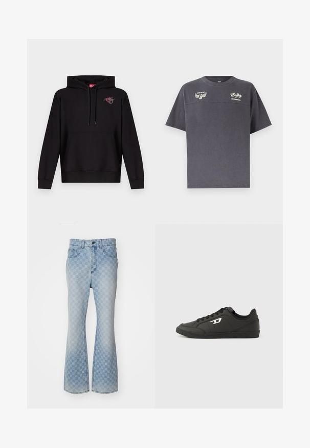 Sweat à capuche noir avec poche avant, capuche à cordon de serrage, et petit motif d'une rose rose avec une lettre "D" grise sur le côté gauche de la poitrine.; T-shirt gris foncé à manches courtes avec col rond, présentant des logos de pneu ailé et de drapeaux à damier croisés avec le texte "COMIN' IN HOT" et "LEVI STRAUSS & CO.".; Jean flare en denim bleu clair avec un motif logo sur l'ensemble, cinq poches, une fermeture à bouton et une finition légèrement décolorée.; Baskets synthétiques noires avec une semelle noire texturée, un bout rond et des lacets plats noirs. Logo blanc remarquablement placé sur le côté extérieur.