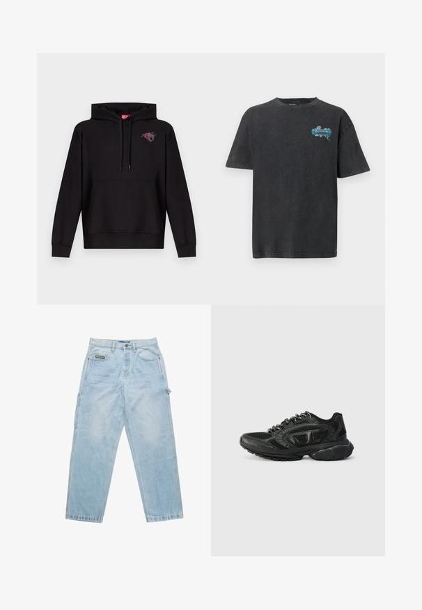Zwarte hoodie met voorzak, trekkoord aan de capuchon en een klein plaatje van een roze roos met een grijze letter "D" op de linkerborst.; Zwart T-shirt met korte mouwen, vervaagde textuur en een kleine blauwe "Nissan" afbeelding op de linkerborst.; Lichtblauwe denim spijkerbroek met een losse pasvorm, vijf zakken en zichtbare stiksels. Bevat een merklabel op de voorzak.; Zwarte sportieve sneakers met een bovenwerk van mesh, textuuraccenten en een gepolsterde kraag. Vetersluiting met een dikke rubberen zool voor ondersteuning.