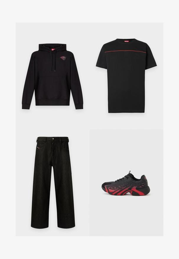 Sweat à capuche noir avec poche avant, capuche à cordon de serrage, et petit motif d'une rose rose avec une lettre "D" grise sur le côté gauche de la poitrine.; T-shirt en coton noir avec un col rond, des manches courtes et une ligne d'accent rouge traversant la poitrine. Logo brodé sur le devant.; Jean noir à jambes larges en denim, présentant une fermeture éclair, cinq poches et un branding discret sur la poche avant. Tissu durable et texturé.; Chaussure de sport noire et rouge avec une tige texturée ornée de motifs, fermeture à lacets et semelle épaisse en caoutchouc.