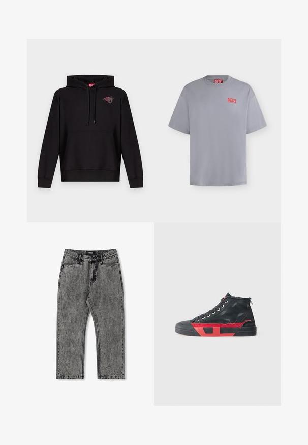 Schwarzer Kapuzenpullover mit Fronttasche, Kordelzugkapuze und kleinem Motiv einer rosa Rose mit einem grauen Buchstaben "D" auf der linken Brust.; Hellgraues Diesel-T-Shirt mit kurzen Ärmeln, kleinem rotem Diesel-Logo auf der linken Brust und rotem Etikett innen am Kragen.; Graue Denim-Jeans mit einem verranzten Finish, geradem Bein Design und fünf Taschen. Mit einem Etikett mit "FORMER" am Bund.; Schwarze High-Top-Sneaker mit roten Akzenten und einem abgenutzten Finish. Verfügt über ein strukturiertes Canvas-Obermaterial und eine Gummisohle mit Ausschnitt-Design.