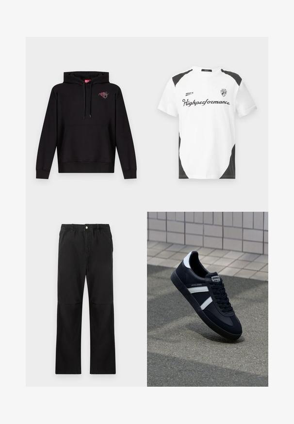 Sort hættetrøje med forlomme, snøre i hætten og lille grafik af en pink rose med et gråt bogstav "D" på venstre bryst.; Hvid kortærmet t-shirt med sorte accenter. Har "REPLAY FC" logoet og "Highperformance" teksten i en sporty skrift. Lavet af et glat materiale.; Sorte bukser lavet af bomuld med elastisk talje, med et lige ben-design, glat tekstur og uden synlige detaljer eller mønstre.; Sort lædersneaker med hvide striber, tekstureret gummisål og snørrebånd foran. Har et brandet mærke på tungen.