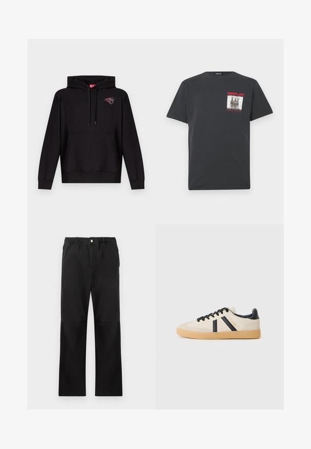 Sudadera negra con capucha, bolsillo frontal, cordón ajustable en la capucha y un pequeño gráfico de una rosa rosa con una letra "D" gris en el pecho izquierdo.; Camiseta de algodón negra de manga corta, con un estampado gráfico cuadrado en gris y rojo en el lado izquierdo del pecho, etiquetada "REPLAY WIDE AWAKE".; Pantalones negros de algodón con una cintura elástica, que cuentan con un diseño de pierna recta, textura suave y sin acentos ni patrones visibles.; Zapatillas casuales en crema con rayas negras, con parte superior texturizada y suela de goma. Los cordones son negros. Logo sutil en el costado.