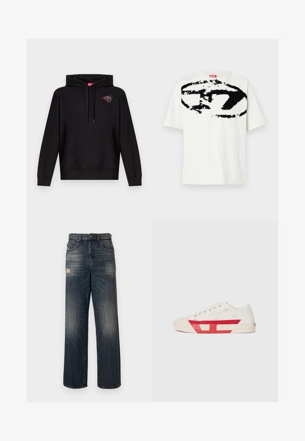 Sweat à capuche noir avec poche avant, capuche à cordon de serrage, et petit motif d'une rose rose avec une lettre "D" grise sur le côté gauche de la poitrine.; T-shirt en coton blanc avec un grand logo graphique noir sur le devant. Le design comprend des formes et des textures abstraites. Manches courtes.; Jean en denim bleu coupe décontractée, avec des détails usés et un lavage délavé, cinq poches et une fermeture éclair.; Baskets en toile avec un dessus blanc, des accents en caoutchouc rouge et un design texturé. Elles présentent une tête arrondie et cinq œillets pour les lacets.