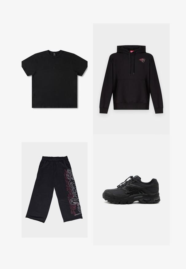 Sort hættetrøje med forlomme, snøre i hætten og lille grafik af en pink rose med et gråt bogstav "D" på venstre bryst.; Sort kortærmet t-shirt lavet af bomuld med rund hals, med et diskret logo i midten og en afslappet pasform.; Sorte bukser med vide ben lavet af blødt stof. Har et hvidt og rødt tribal-design ned langs venstre side, med elastisk talje og lommer.; Sort atletisk sneaker med tekstureret stof, tyk polstret sål, luftventiler og snørelukning, vist fra siden på en lys baggrund.