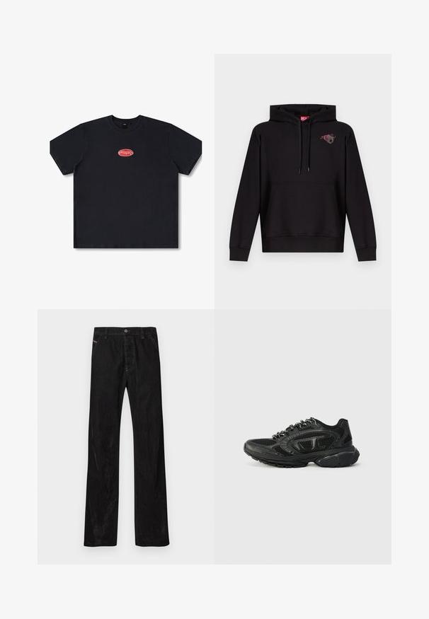 Schwarzer Kapuzenpullover mit Fronttasche, Kordelzugkapuze und kleinem Motiv einer rosa Rose mit einem grauen Buchstaben "D" auf der linken Brust.; Schwarzes Baumwoll-T-Shirt mit entspannter Passform, kurzen Ärmeln und einem roten ovalen Drucklogo auf der Brust. Glatte Textur, gerader Saum.; Schwarze Kordhosen mit geradem Bein, ausgestattet mit einem Knopfverschluss, subtiler Markenkennzeichnung und zwei vorderen Taschen. Glatte Textur und einfarbige Farbe.; Schwarze Sport Sneaker mit einem Obermaterial aus Mesh, strukturierten Akzenten und gepolstertem Kragen. Schnürdesign mit einer dicken Gummisohle für Unterstützung.