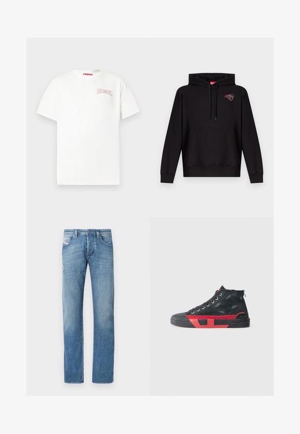 Sweat à capuche noir avec poche avant, capuche à cordon de serrage, et petit motif d'une rose rose avec une lettre "D" grise sur le côté gauche de la poitrine.; T-shirt en coton blanc à manches courtes, arborant un logo "DIESEL" rose brodé sur le côté gauche de la poitrine et un col rond classique.; Jean en denim bleu clair à jambe droite, doté d'une braguette à boutons, de cinq poches et de détails de couture discrets sur les poches arrière.; Baskets montantes noires avec des accents rouges et une finition usée. Caractérisées par une tige en toile texturée et une semelle en caoutchouc avec un design découpé.