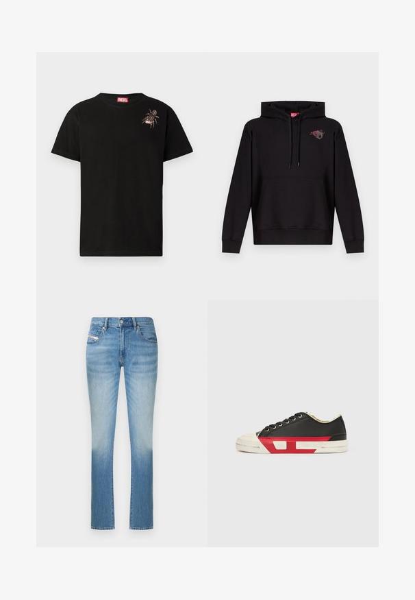 Schwarzer Kapuzenpullover mit Fronttasche, Kordelzugkapuze und kleinem Motiv einer rosa Rose mit einem grauen Buchstaben "D" auf der linken Brust.; Schwarzes Baumwoll-T-Shirt mit kurzen Ärmeln, das ein dekoratives Spinnennetz-Design auf der linken Brust sowie ein rotes Diesel-Logo-Label am Kragen aufweist.; Hellblaue Jeans aus Denim mit figurbetontem Schnitt, geradem Bein und dezentem Farbverlauf nach unten. Klassischer Fünf-Taschen-Stil.; Schwarzer Leinensneaker mit roten Akzenten, Gummizehenschutz und weißer Sohle. Verfügt über schwarze Schnürsenkel und ein strukturiertes Design an der Seite.