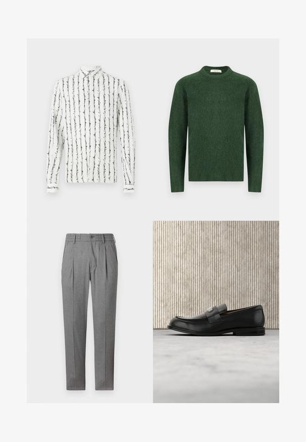 Grøn strikket sweater med rund halsudskæring, lange ærmer og en tekstureret stof. Simpelt design, ingen synlige mønstre eller accenter.; Hvid skjorte med knapper, prydet med sorte lodrette striber og et blomstermønster. Lange ærmer med knapmanschetter. Fremstillet af et let materiale.; Grå plisserede bukser med elastisk talje, lavet af et tekstureret stof. Har en frontknaplukning og tapered ben.; Sort læderloafer med metalbrandskilt hvilende nær et brunt rundt bord på beige tæppe.