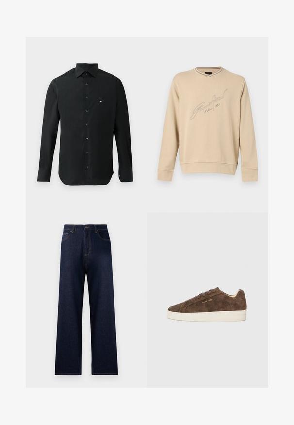Sudadera beige de manga larga con cuello redondo y puños acanalados, con texto bordado en cursiva "Emporio Armani Milano 1981" en el frente.; Camisa negra de manga larga hecha de tela suave, con cuello puntiagudo, botonera y un pequeño logo blanco en el lado izquierdo del pecho.; Jeans de mezclilla azul oscuro con una cintura alta, pierna ancha y costuras en contraste. Las características incluyen bolsillos frontales y un solo bolsillo trasero.; Zapatillas de ante marrón con un perfil bajo, punta redondeada y suela de goma blanca. Presenta cordones oscuros y un sutil logotipo en el lateral.
