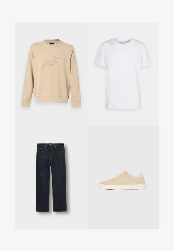 Beige Sweatshirt mit langen Ärmeln, geripptem Rundhalsausschnitt und Bündchen, Vorderseite mit gesticktem kursivem Schriftzug "Emporio Armani Milano 1981".; Weißes T-Shirt mit kurzen Ärmeln aus Baumwolle. Es hat einen runden Halsausschnitt und eine lockere Passform ohne sichtbare Muster oder Akzente.; Dunkelblaue gerade geschnittene Jeans aus Denim-Stoff, mit Gürtelschlaufen, vorderen Taschen und kontrastierenden Nähten. Minimalistisches Design ohne Verzierungen.; Beige Wildlederschuh mit weißer Sohle und Schnürsenkeln, niedrig geschnittenes Design und Zickzackprofil auf der Sohle.
