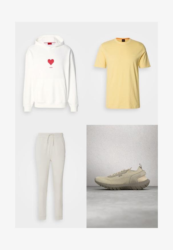 Witte capuchontrui met rode hartgrafiek en "HUGO"-tekst. Voorzien van een zak aan de voorkant, geribbelde manchetten en een zachte textuur. Eenvoudig ontwerp.; Geel T-shirt met ronde hals, gemaakt van zachte stof, met korte mouwen. Subtiel 'BOSS' logo geborduurd in dezelfde kleur op de borst.; Lichtbeige sweatpants van zacht, gemêleerd materiaal. Heeft een tailleband met trekkoord, geribbelde manchetten en zijzakken. Getailleerde pasvorm.; Beige gebreide sneaker met dikke, gestructureerde zool en veters, zwevend boven een grijze vloer met grote raamblokken op de achtergrond.