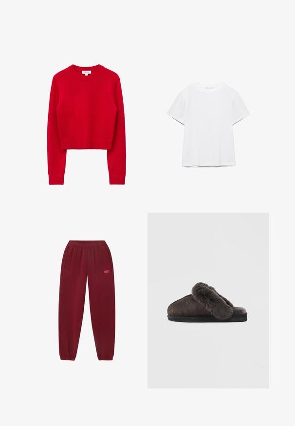 Roter, kurz geschnittener Pullover aus weichem Strickstoff. Mit rundem Ausschnitt sowie gerippten Bündchen und Saum. Glatte Textur, klassisches Design.; Unifarbenes weißes T-Shirt mit kurzen Ärmeln und Rundhalsausschnitt, gerader Saum, dargestellt auf weißem Hintergrund.; Burgunderfarbene Jogginghose mit elastischem Bund, Taschen an den Seiten und schmal zulaufenden Beinen. Auffälliges Logo in Pink auf der linken Seite aufgedruckt.; Braun gefütterte Hausschuhe mit einer geschwungenen Form, Obermaterial aus strukturiertem Leder und einer stabilen schwarzen Sohle. Das weiche Material ist rund um die Öffnung deutlich sichtbar.