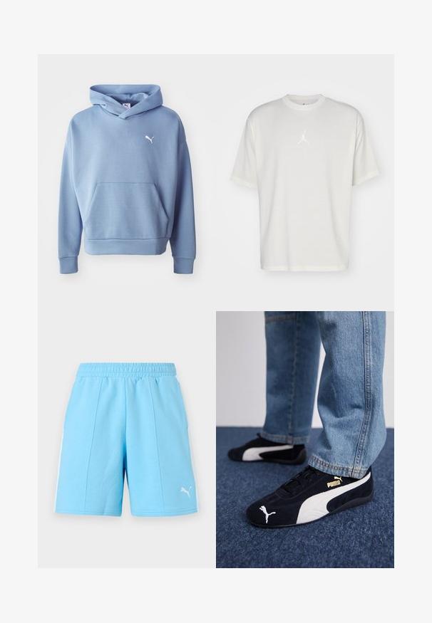 Sweat à capuche bleu en tissu doux. Comprend une poche avant, des poignets en côtes et un petit logo blanc sur la poitrine.; T-shirt en coton blanc avec un col rond, des manches courtes et un petit logo brodé au centre. Design ajusté avec des coutures minimales.; Shorts de sport bleu clair avec taille élastique, bandes blanches sur les côtés et logo Puma sur la partie avant inférieure de la jambe droite.; Baskets en daim noir avec accents blancs, arborant un logo doré. Portées avec un jean en denim bleu clair et posées sur une surface bleue texturée.