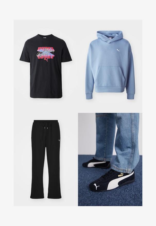 Sudadera azul con capucha hecha de tela suave. Cuenta con un bolsillo frontal, puños acanalados y un pequeño logo blanco en el pecho.; Camiseta de manga corta negra hecha de algodón, con un estampado gráfico colorido que presenta el texto "PUMA Forever Legends SPORT."; Pantalones de chándal negros con cintura elástica y cordón, con bolsillos laterales y un sutil logo en la pierna izquierda. Tela suave, forma acampanada.; Zapatillas de ante negras con acentos blancos, que presentan un logo dorado. Combinadas con unos jeans de mezclilla azul claro y colocadas sobre una superficie texturizada azul.