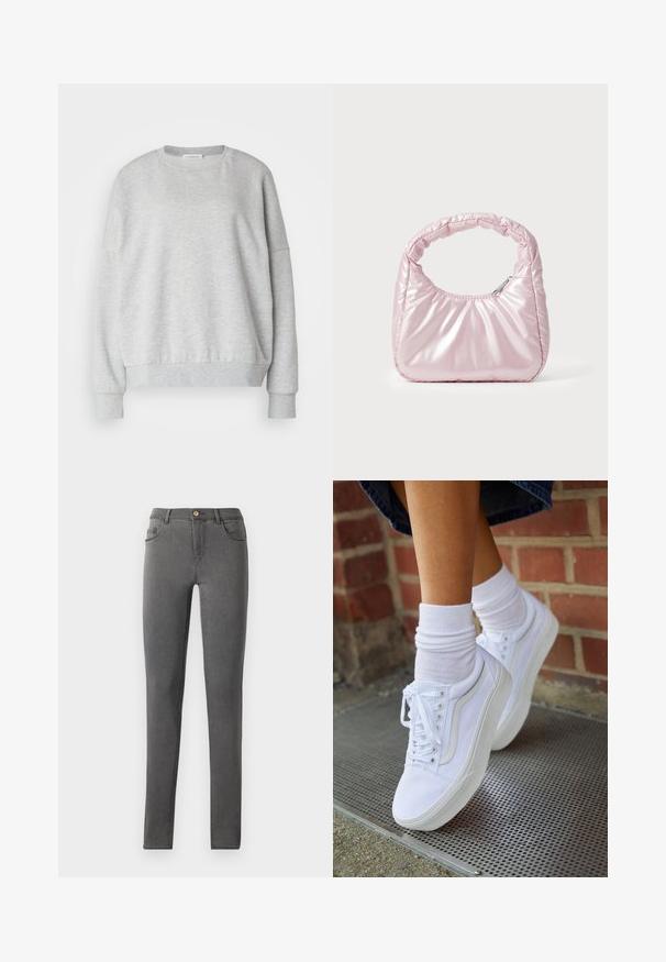 Sweatshirt gris clair en tissu doux, avec un col rond, des épaules tombantes et des poignets et un ourlet côtelés pour une coupe décontractée.; Jean skinny en denim gris avec une coupe ajustée, style cinq poches et une fermeture à bouton métallique unique au niveau de la taille.; Baskets en toile blanches avec semelles en caoutchouc, dotées de six œillets, d'un bout rond et de détails de couture légers, portées avec des chaussettes blanches mi-mollet.; Sac à main rose rembourré avec un design arrondi, fabriqué à partir d'un matériau brillant. Dispose d'une poignée froncée et d'une fermeture éclair pour un accès sécurisé.
