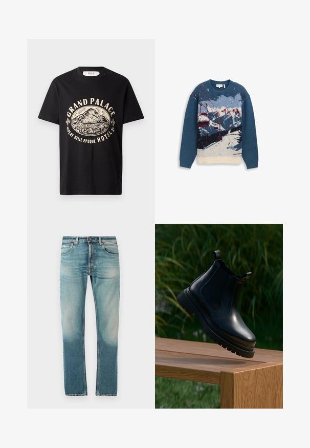 Sweater med et strikket bjergmotiv med skislænder. Primært blå med hvide, røde og grå detaljer. Rund hals og lange ærmer.; Sort bomulds T-shirt med en beige grafisk print af et bjerg og teksten "Grand Palace Replay Belle Epoque Hotel." Simpelt crew-neck design.; Blå, slidte, slimfit-dongeribukser til mænd med forlommer, bæltestropper, knaplukning og diskrete slidte striber på lårene.; Sorte læder chelsea-støvler med rund tå, tyk gummisål og elastiske sidepaneler, præsenteret på en træoverflade med grønne planter i baggrunden.