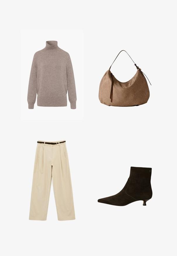 Beiger gestrickter Rollkragenpullover mit langen Ärmeln, gerippten Bündchen, Saum und Kragen, auf weißem Hintergrund dargestellt.; Beige Hosen mit weitem Bein, seitlichen Taschen und einem schmalen dunkelbraunen Gürtel mit goldener Schnalle in der Taille.; Braune Wildleder-Stiefeletten mit spitzer Zehenform, niedrigem Kitten-Heel und seitlichem elastischem Detail für einen perfekten Sitz. Schlichtes Design ohne zusätzliche Verzierung.; Braune, strukturierte Hobo-Tasche mit einem einzelnen Schulterriemen und dekorativem Quastenanhänger an der Seite.