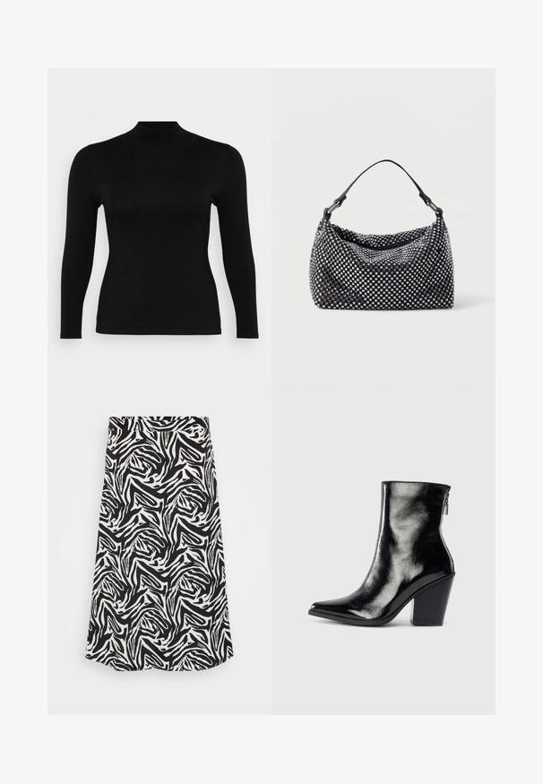 Sort langærmet turtleneck top lavet af blødt, glat stof. Slim fit med høj hals og lige kant, præget af minimale sømme og uden mønstre.; Sorte og hvide nederdel med et snurrende zebra mønster, med en lige skæring og nederste kant. Fremstillet af et glat, letvægtigt stof.; Sorte læder ankelstøvler med en blank finish, spidse tæer og blokhæle. Har en sidezipper for nem på- og aftagning.; Sort og sølv håndtaske med en vævet, struktureret overflade med firkantede mønstre, en enkel top håndtag og et slasket design.