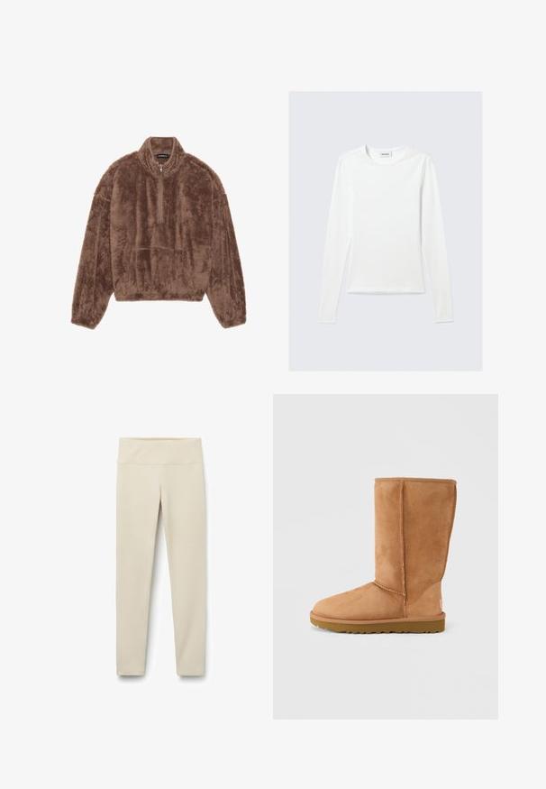 Brun, fluffy pullover lavet af blødt stof, med en kvart lynlås krave, lange ærmer og en frontlomme. Tekstureret, varm design.; Langærmet, enkel hvid T-shirt med rund halsudskæring og tætsiddende pasform, vist mod en lysegrå baggrund.; Beige leggings med en høj, bred talje, lavet af et blødt, strækbart stof. Lige ben-design uden synlige sømme eller mønstre.; Lysebrun ruskindsstøvle med mellemhøj skaft, tyk sål og synlige syninger, vist fra ydersiden mod en ensfarvet baggrund.