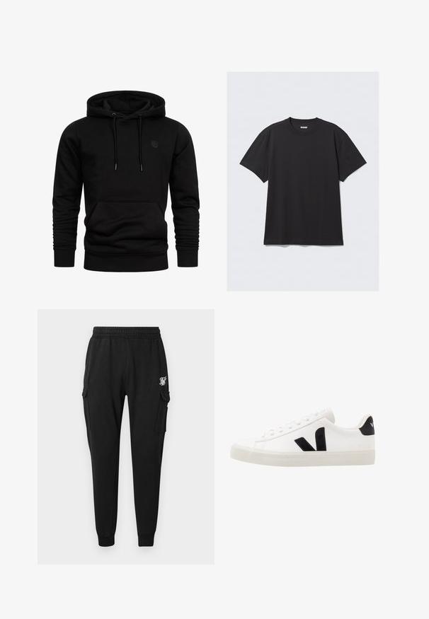 Sort pullover hoodie med frontkængurulomme, snoretrækshætte, ribbede manchetter og subtil rund logo på venstre bryst.; Sort kortærmet t-shirt lavet af bomuld. Har en rund halsudskæring og en afslappet pasform. Enkel design uden synlige mønstre eller accenter.; Sorte cargobukser lavet af blødt stof med elastisk talje, sidelommer og et diskret logo på låret. Lige skåret design.; Hvide lædersneakers med sorte ruskindsdetaljer; har en gummisål, rund tå og klassisk snørebåndsdesign. Side logo i sort.