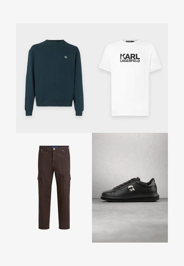 Dunkelgrüner Sweatshirt mit Rundhalsausschnitt aus Baumwolle, langen Ärmeln, gerippten Bündchen und kleinem weißem Logo auf der Brust. Glatte Textur.; Weißes Baumwoll-T-Shirt mit kurzen Ärmeln, das ein schwarzes Grafikdesign mit dem Text "KARL LAGERFELD" und einem Silhouetten-Logo zeigt.; Braune Cargo-Hosen mit mehreren Taschen, geradem Bein, Knopfverschluss und gestickten Details. Hergestellt aus strapazierfähigem Baumwollmix.; Person trägt schwarze Lederhosen und schwarze Sneakers mit einem kleinen Comic-Charakter-Anhänger an der Seite, steht auf einem Holzboden.