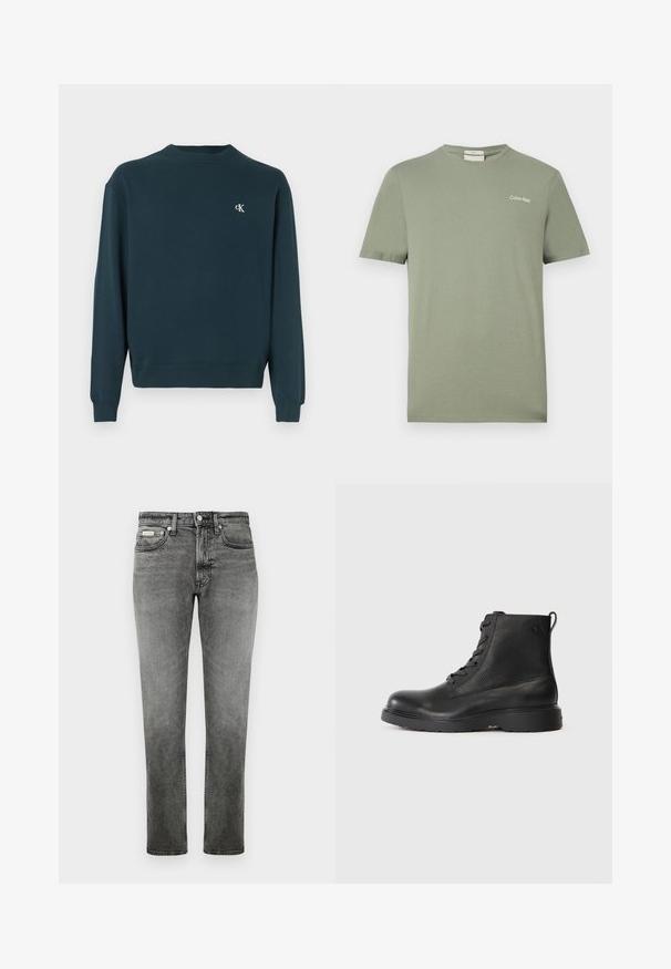 Mørkegrøn crewneck-sweatshirt lavet af bomuld med lange ærmer, ribbede manchetter og et lille hvidt logo på brystet. Glat tekstur.; Kortærmet olivengrøn Calvin Klein t-shirt med rund hals og lille logo på venstre bryst.; Grå denim jeans med lige ben, foran lommer, bæltestropper, knaplukning og diskrete slidte detaljer.; Sort ankelstøvle lavet af struktureret læder med rund tå, snørelukning og en robust sort gummisål. Har en løkke ved hælen.