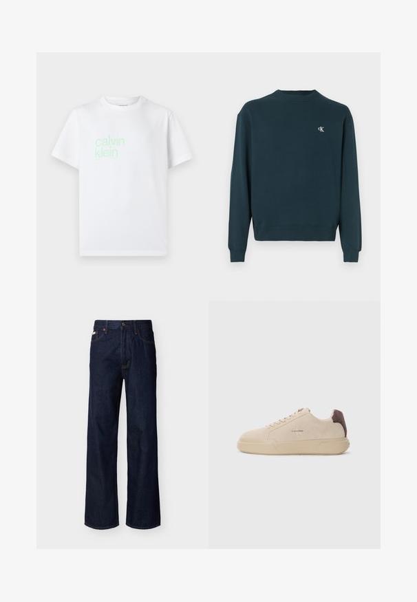 Mørkegrøn crewneck-sweatshirt lavet af bomuld med lange ærmer, ribbede manchetter og et lille hvidt logo på brystet. Glat tekstur.; Hvid bomulds t-shirt med korte ærmer. Har et lysegrønt "calvin klein" logo trykt foran. Standard crew neck design.; Mørkeblå, straight-leg denimjeans med fem-lommes design og knaplukning, vist på en ensfarvet lys baggrund.; Beige ruskind sneakers med rund tå, snørret foran og en brun ruskindsdetalje på hælen. Har en tekstureret gummisål.