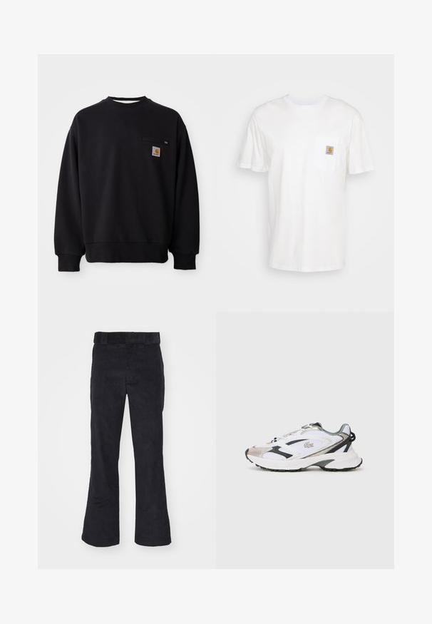 Sudadera negra hecha de una mezcla de algodón, con cuello redondo, mangas largas y un bolsillo en el pecho con cremallera y parche con logo.; Camiseta de algodón blanca con mangas cortas, un bolsillo en el pecho y un pequeño parche cuadrado de logo en naranja y blanco en el bolsillo.; Pantalones de pana negros con un corte relajado, que presentan una cinturilla clásica y piernas acampanadas, textura suave y sin patrones o acentos visibles.; Zapatilla deportiva blanca con acentos en plata y negro, parte superior de malla, suela texturizada y un diseño aerodinámico que presenta un logotipo en el lateral.