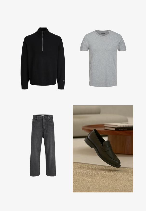Sort langærmet strikket sweater med ribbet høj krave, sølvfarvet halvlynlås, ribbede manchetter og kant samt lille hvidt logo på venstre ærme.; Grå kortærmet T-shirt lavet af blød bomuld. Har en klassisk rund halsudskæring og en regulær pasform. Enkel design uden mønstre eller detaljer.; Sorte højtaljede jeans med lige ben, knap- og lynlås-lukning, bæltestropper samt lommer foran og bagpå.; Sort læderloafer vist i luften over en beige vævet tæppe, med et træbord og stablede bøger i et blødt oplyst stue.