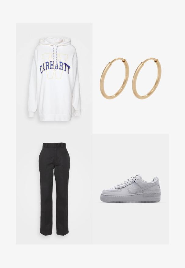 Carhartt WIP HOODED GRAND LOCKER - Jersey con capucha - wax; Pantalones negros con una textura suave, diseño de pierna recta y cintura con cinturón. Presenta una silueta simple y clásica sin patrones adicionales.; Zapatilla Nike Air Force 1 gris con puntera perforada, parte superior de cuero suave, suela gruesa y detalle en relieve 'AIR' en el talón.; Pendientes de aro de oro con un acabado suave y pulido. Forma redondeada, tamaño mediano, con un mecanismo de cierre seguro.