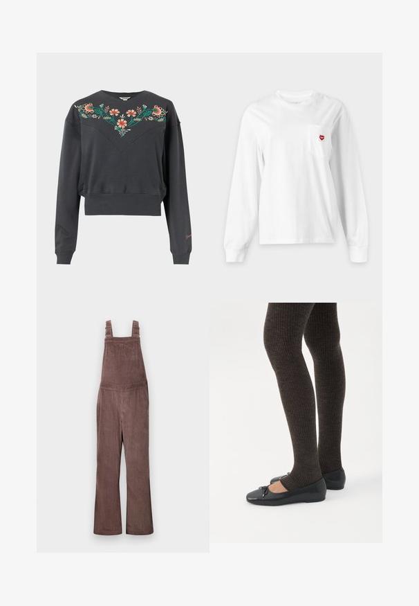 Donkergrijze lange mouw cropped sweatshirt met geribbelde manchetten en zoom, voorzien van kleurrijke bloemenborduursels over de borst en schouders.; Wit longsleeve shirt met ronde hals en borstzakje met een klein rood hartvormig logo aan de rechterkant.; Bruine corduroy tuinbroeken met verstelbare schouderbanden, wijde pijpen en verticale ribbelstructuur. Beschikt over zijzakken en een relaxte pasvorm.; Benen met donkere geribbelde leggings gecombineerd met zwarte ballerina's met kleine strikdetails op een witte achtergrond.