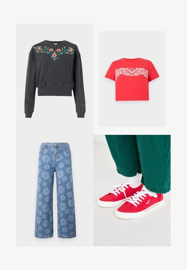 Mørkegrå langærmet cropped sweatshirt med ribstrikkede manchetter og kant, med farverig blomsterbroderi over bryst og skuldre.; Rød cropped t-shirt med hvid blomstret bånd hen over brystet og "Roxy"-logo centreret over det blomstrede mønster.; Blå vidde-ben denimjeans med lyst blåt tusindfryd-mønster, forlommer, bæltestropper og knaplukning.; Røde lærredssneakers med hvide snørebånd, der har en hvid gummisål og stribede detaljer på siden. Båret med grønne strukturerede bukser og hvide sokker.